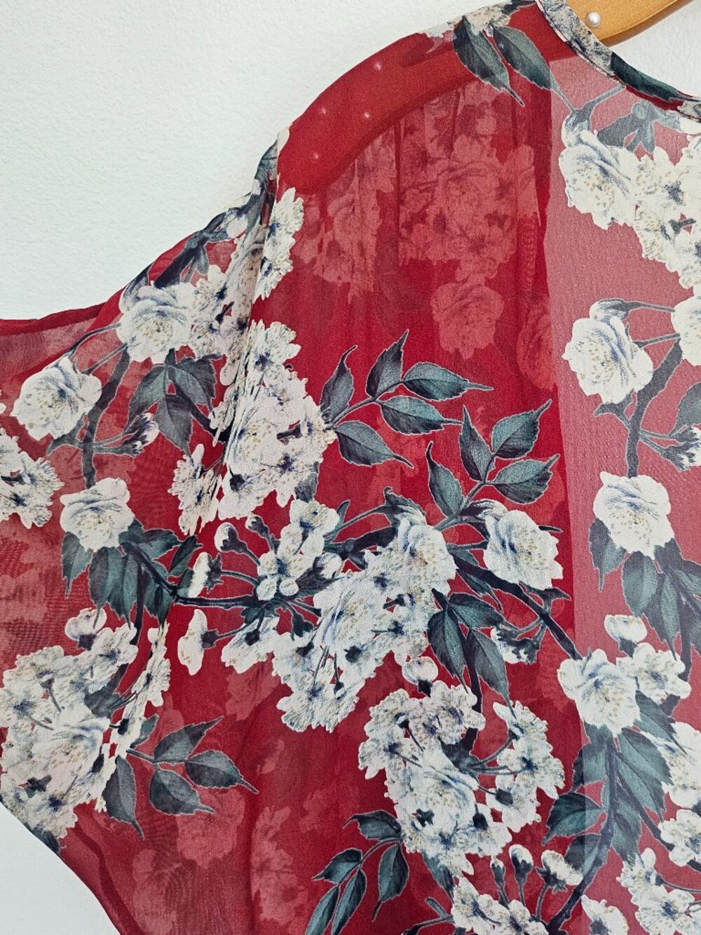 Elle CLO Red Floral Sheer Boho Kimono Cardigan Open Front Medium - Picture 5 of 9